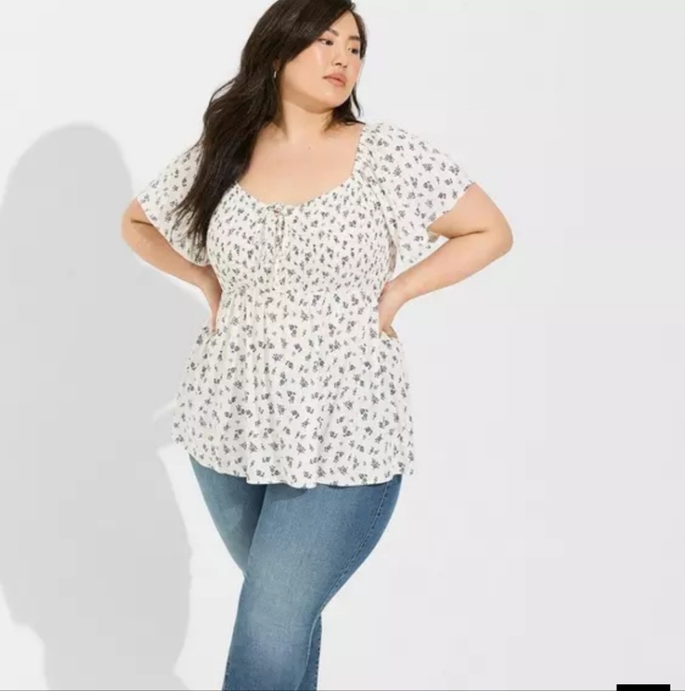 Torrid Rayon Slub Smocked Bodice Flutter Sleeve Top